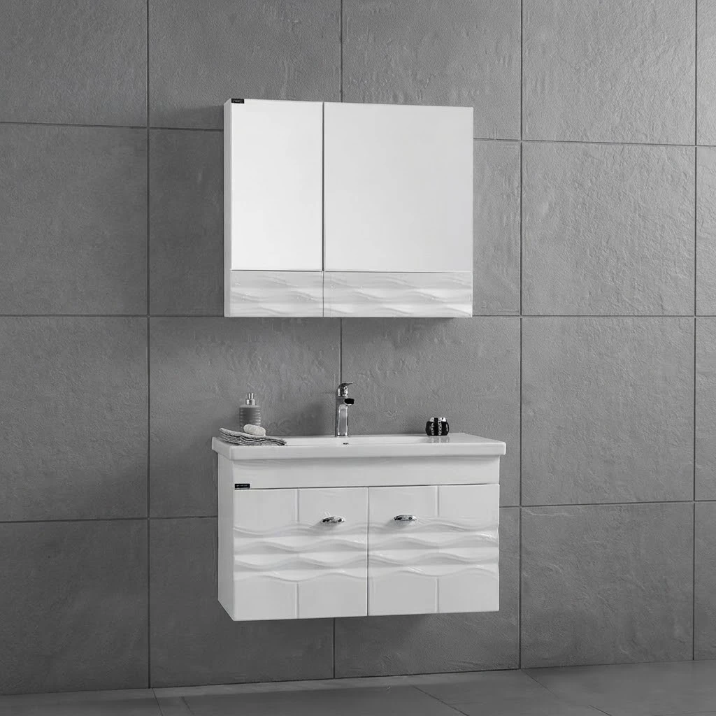 Bathroom sink with cabinet and mirror. - 2
