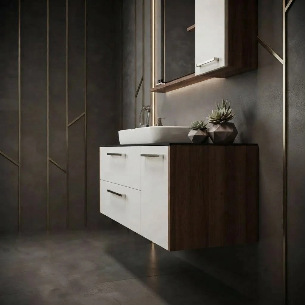 Bathroom sink with cabinet and mirror. - 2