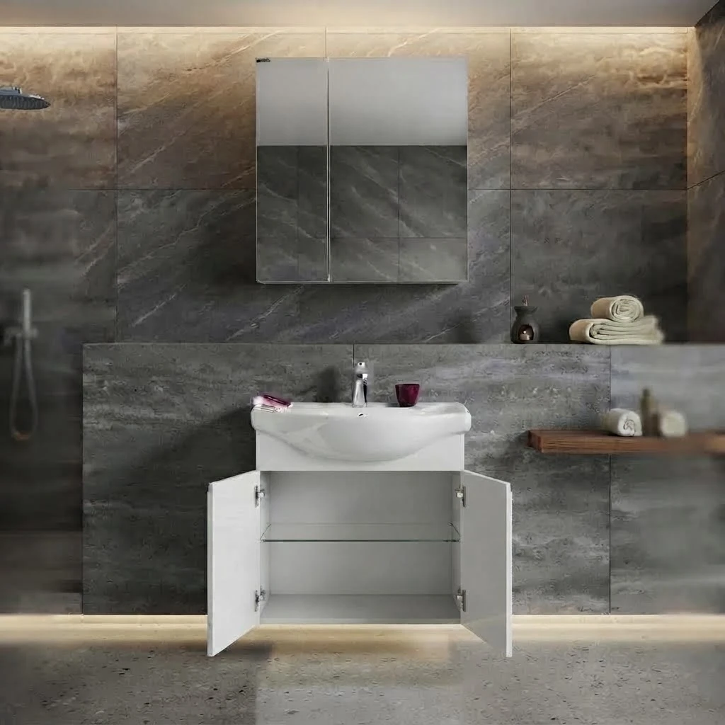 Bathroom sink with cabinet and mirror. - 2