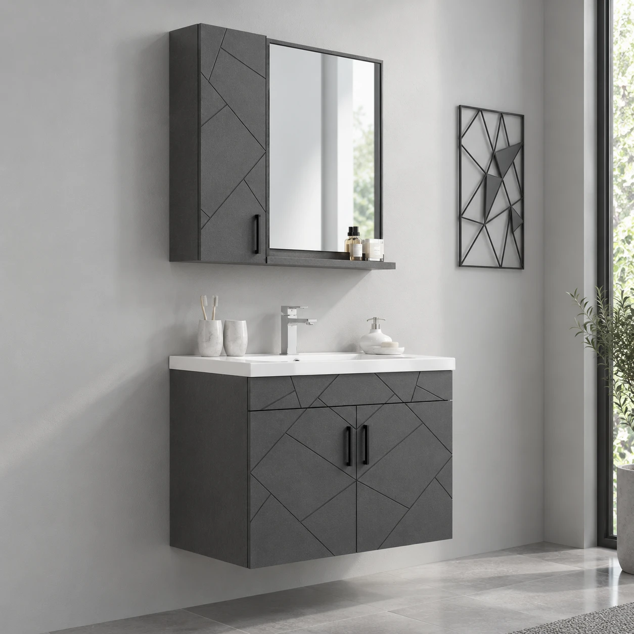 Bathroom sink with cabinet and mirror. - 2