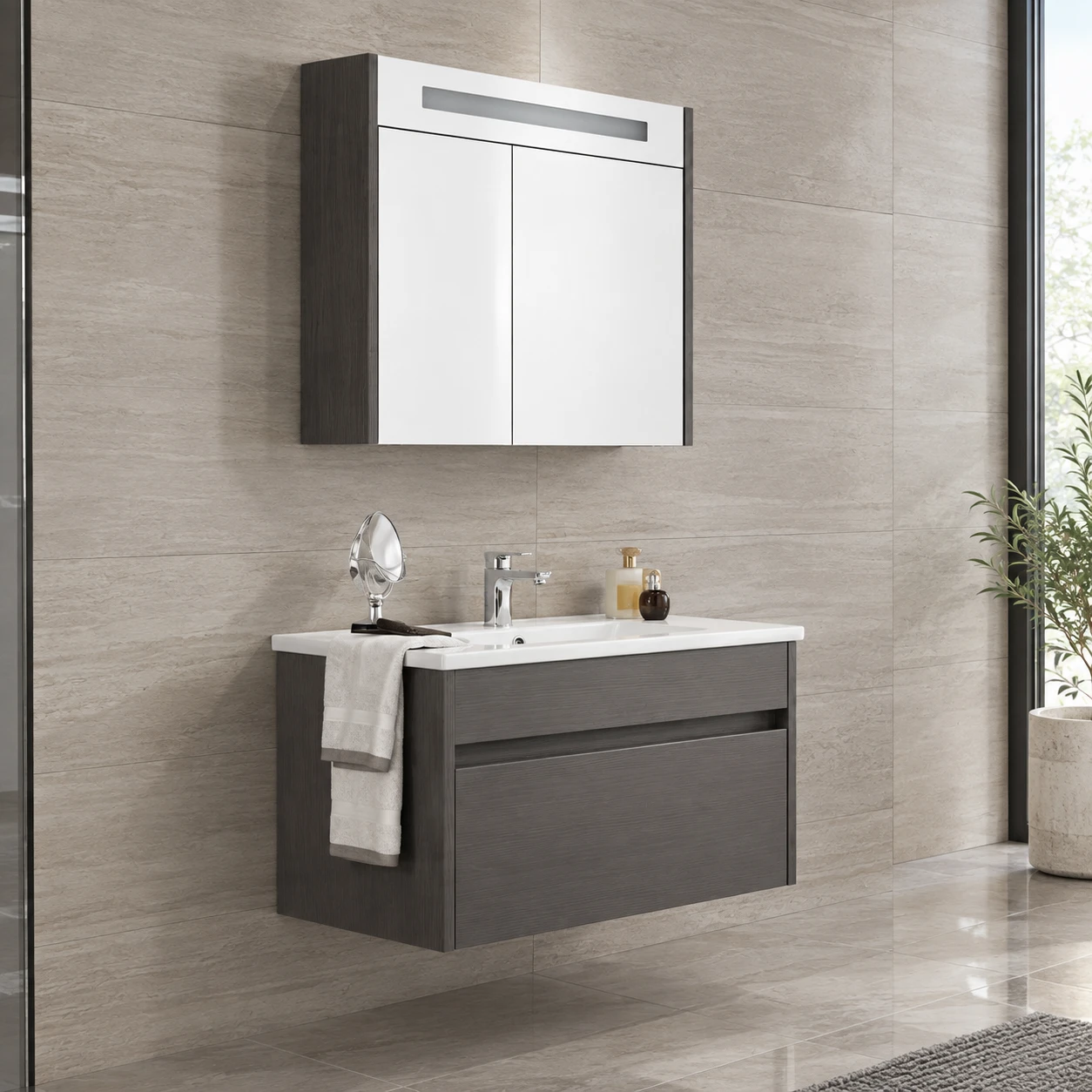 Bathroom sink with cabinet and mirror. - 2